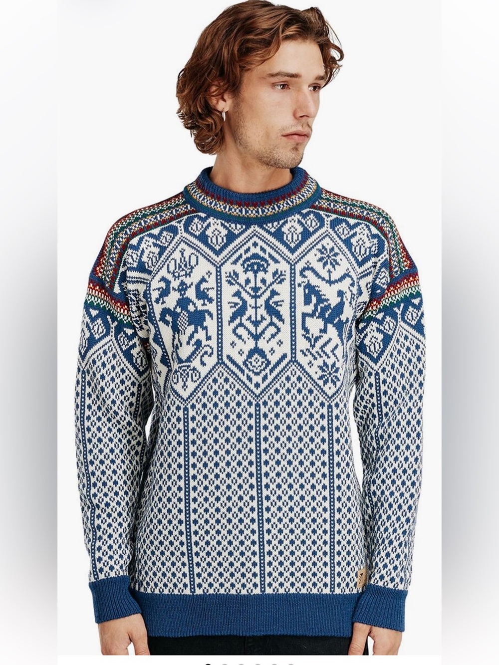 Dale of Norway Blue and White Nordic Crewneck Sweater with Multicolor Trim